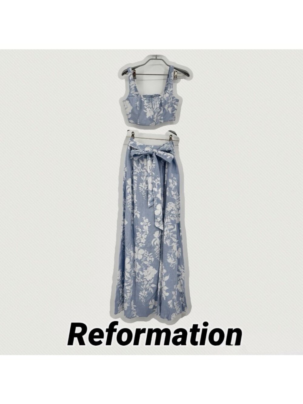 Reformation Blue Palm Linen Two Piece Set of Cropped Tank & Midi Skirt size 2 XS